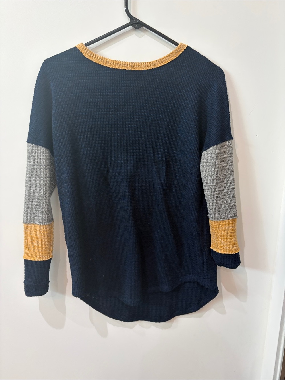 SO Navy Colorblock Long Sleeve Sweater with Gray and Mustard Accents